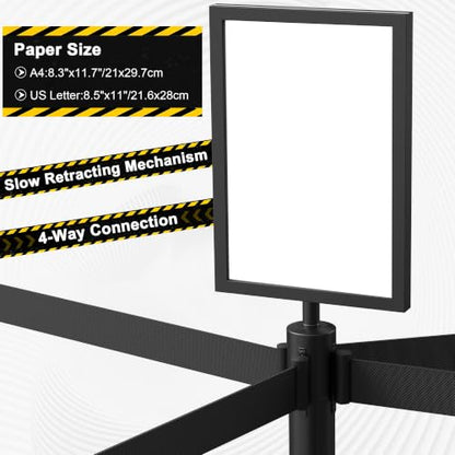 6-Pack Black Stainless Steel Crowd Control Stanchions, 9.8 ft Retractable Black Safety Belts with 1 Sign Holder(Black Belt) - color: Black stanchions w Black Belt, size: 6 pcs
