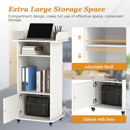 Podium Stand with Metal Wheels Wooden Lectern Podium Stand Portable Pulpit Standing with Storage Mobile Reception Podiums Desk for Church Office School Conference Restaurant Meeting, White - color: White