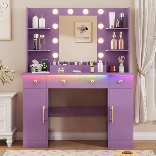 HUANLEGO Vanity Desk with Mirror and Lights, Makeup Vanity with Mirror and LED Lights & Power Outlet, 3 Drawers and Cabinets, 3 Lighting Modes Dressing Table Set for Girls Women Bedroom,Purple - size: 43.7x15.7x57.6 in, style: Purple