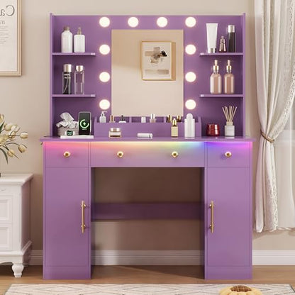 HUANLEGO Vanity Desk with Mirror and Lights, Makeup Vanity with Mirror and LED Lights & Power Outlet, 3 Drawers and Cabinets, 3 Lighting Modes Dressing Table Set for Girls Women Bedroom,Purple - size: 43.7x15.7x57.6 in, style: Purple