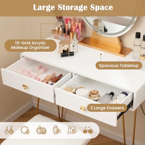 CHARMAID Makeup Vanity Table with Lighted Mirror, Vanity Desk with 2 Large Drawers, Adjustable 3 Lighting Modes, Modern Girls Bedroom Vanity Table with Chair for Small Spaces, White & Gold - color: White, style: 2 Drawers & Acrylic Storage Box