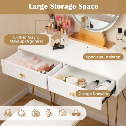 CHARMAID Makeup Vanity Table with Lighted Mirror, Vanity Desk with 2 Large Drawers, Adjustable 3 Lighting Modes, Modern Girls Bedroom Vanity Table with Chair for Small Spaces, White & Gold - color: White, style: 2 Drawers & Acrylic Storage Box