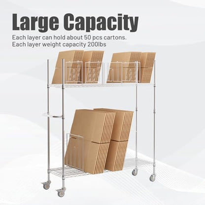 2 Tier Carton Cart Stand, Cardboard Box Stand, Carton Storage Rack | Commercial Carton Cart with Wheels & Dividers, 400lbs Capacity, for Home Supermarket Warehouse, 60"W x 18"D x 69"H