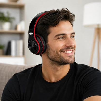 Hybrid Noise Cancelling Headphones, Wireless Bluetooth Over-Ear, Black with Color Accents, Built-in Mic, HiFi Stereo Sound, Foldable Design- Headset (Red) - color: Red