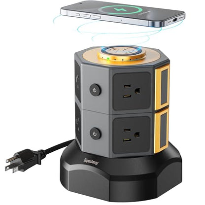 SUPERDANNY 8 AC 15W Wireless Charger Power Strip Tower, 13A, 1050J, Gold - color: Gold, size: 8AC+2USB-A+2USB-C | 6.5 ft | 15 W Wireless
