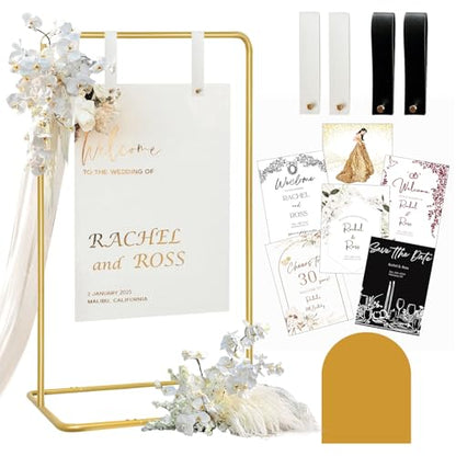 Wedding Sign Holder, Adjustable Welcome to Our Wedding Sign Stand W/Design Bundle & Leather Sign Hanging Straps, Heavy Duty Easel Stand for Sign, Wedding Seating Chart Stand, Easel for Display (Gold) - color: Gold