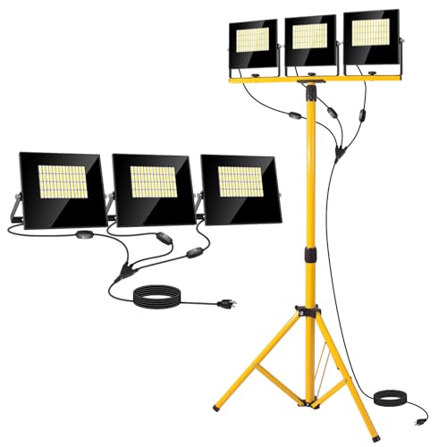 36000Lumen LED Work Lights with Stand - 3 Head Foldable Work Light on Stand with 16FT Cord - IP67 Waterproof Tripod Lights for Outdoor Indoor Job Site Workshop Garage Construction Tripod Lighting - style: 36000LM with stand light