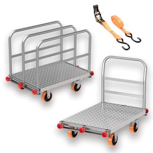 40"x24" Drywall Cart & Lumber Panel Truck, 3000 lbs | 2mm steel platform truck, 4 handrails, 6" swivel brake wheels, dolly for plywood moving - size: 8.35*26.2*39.8IN