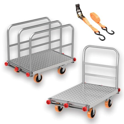 40"x24" Drywall Cart & Lumber Panel Truck, 3000 lbs | 2mm steel platform truck, 4 handrails, 6" swivel brake wheels, dolly for plywood moving - size: 8.35*26.2*39.8IN