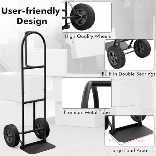 Goplus Hand Truck, P-Handle Hand Truck Dolly with Vertical Loop Handle, 10” Wheels, 15” x 9” Foldable Nose Plate, 660 LBS Capacity, Heavy Duty Metal Dolly Cart for Lifting, Moving, Delivery, Stairs