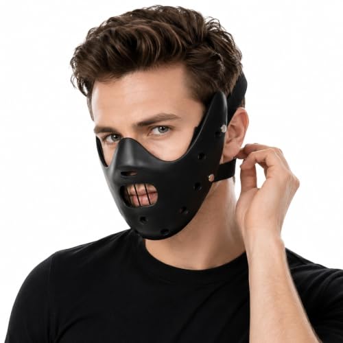 Hannibal Lecter Mask Cosplay The Silence of The Lambs Half Face Resin Mask | Halloween Costume Prop, Durable Resin, Sponge Pads, Adjustable Buckle Straps, Open Mouth Cage, Adult, for Role Play Party - color: Black