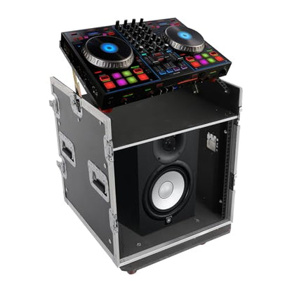 14U PA DJ Pro Audio Rack Road Case w/Slant Mixer Top, Heavy Duty Mobile Studio Equipment Cabinet w/4 Wheels, Network and Stereo Rack DJ Mixer Rack for Mixers & Live Sound - size: 14U / Side Tables & 4 Wheels
