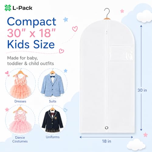 Kids Garment Bag with Clear Window, Hanging Clothes Storage Cover for Dresses, Suits & Dance Costumes, Breathable Travel Bag for Baby Toddler Child, 30" x 18", White, Pack of 1 - color: White