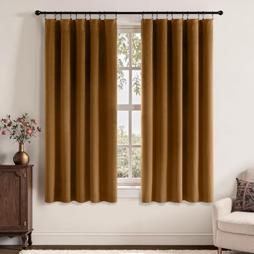MIULEE Golden Brown Velvet Curtains 63 Inch Long 2 Panels, W40 x L63 | Luxury Super Soft, Thermal Insulated, Room Darkening Drapes, Rod Pocket Design, Window Curtains for Bedroom Living Room - color: Golden Brown, size: 40"W x 63"L (Pack of 2)