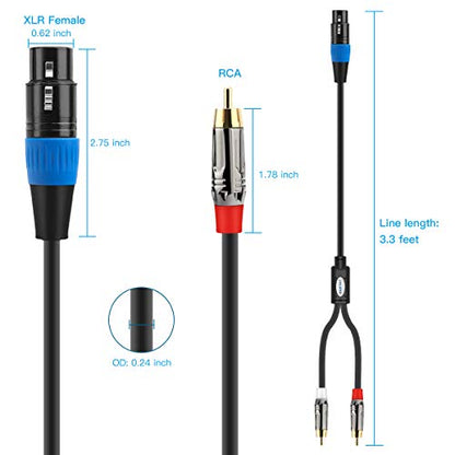 JOLGOO Unbalanced XLR Female to Dual RCA Y Splitter Breakout Cable, 1 XLR Female to 2 RCA Male Y Breakout Cable Adapter Cord, 3.3 Feet - size: 3.3 Feet, style: XLR Female to Dual RCA Male