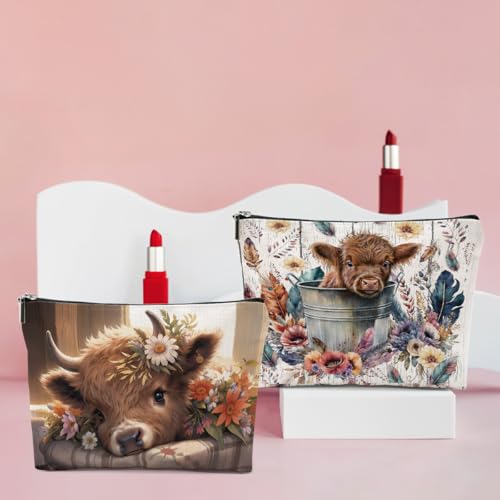 4 PCs Highland Cow Makeup Bag Highland Cow Gifts Cosmetic Bag | Cow Print Stuff Western Gifts for Women Scottish Girls Best Friends, Cute Cow Stuff Christmas birthday Gifts Zipper Pouch - color: highland cow makeup bag