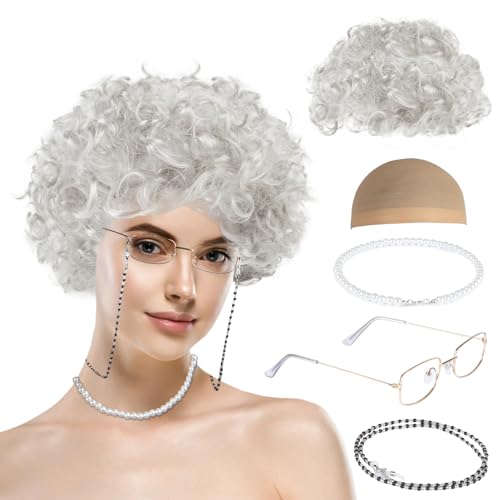MAQIHAN Granny Wig Costume Set - White Old Lady Wig with Glasses Cap - color: Pure White