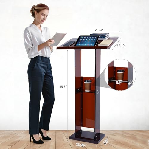 Acrylic Podium Stand 45.5" with Storage Shelf, Modern Amber Lectern Professional Presentation Podiums with Reading Platform for School, Classroom, Weddings, Conference, Concert, Events, Church - color: Amber