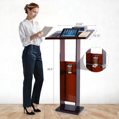 Acrylic Podium Stand 45.5" with Storage Shelf, Modern Amber Lectern Professional Presentation Podiums with Reading Platform for School, Classroom, Weddings, Conference, Concert, Events, Church - color: Amber