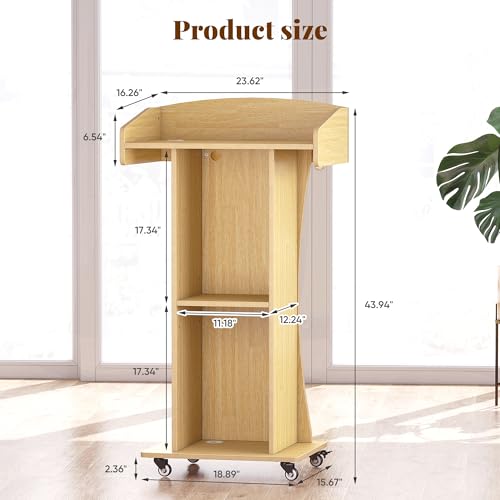 Podium Stand with Metal Wheels Wooden Lectern Podium Stand Portable Pulpit Standing with Storage Mobile Reception Podiums Desk for Church Office School Conference Restaurant Meeting,Oak - color: Wood