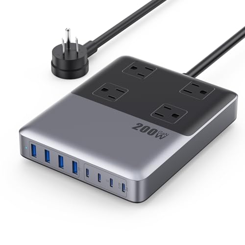 12-in-1 Charging Station USB C Power Strip with 5ft Cord and Plug,200W GaN IV USB C Charger Block,4 AC Outlets,8 USB for MacBook,iPhone 17/16/15,Fast Charging Desktop Charger for Office,Home - color: A-Black