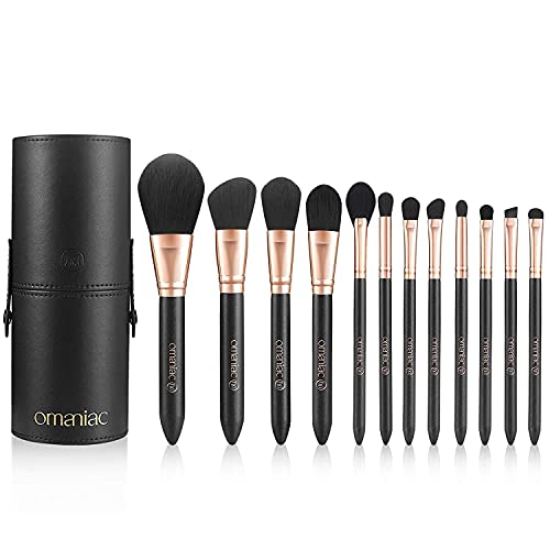 OMANIAC Makeup Brush Set Professional, 12 Pearlescent Wood Handle Makeup Brushes, Premium Cruelty-Free Synthetic Fiber Hair, Travel Make up Brushes Set with Case (Black). (Pack of 2) - color: Rose Gold and Black, size: 12pcs (Pack of 2)