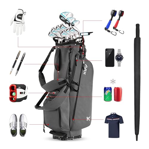 KVV Lightweight Golf Stand Bag with 7 Way Full-Length Dividers, 5 Zippered Pockets, Automatically Adjustable Dual Straps，Elegant Design - color: Charcoal