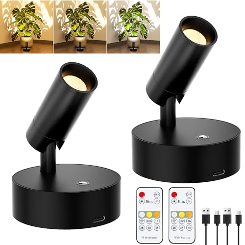 LED Rechargeable Spotlight Indoor, Battery Operated Spot Lights with Remote Control & Timer, Small Dimmable Wireless Wall Lamp Accent Lighting for Pictures Plant Artwork Reading Black 2 Pack - color: Black, size: 2 Pack