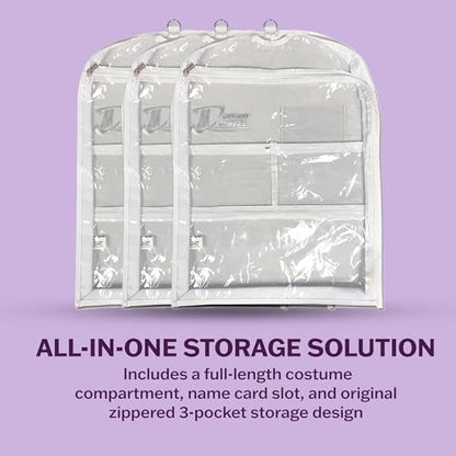 Clear Garment Bags for Dance Costumes 3-Pack, Gusseted, Short-Size, Side Zipper Entry, Storage Pockets for Accessories, 24”x18”x2”, Dream Duffel - size: Gusseted Short-Size 24"x18"x2"