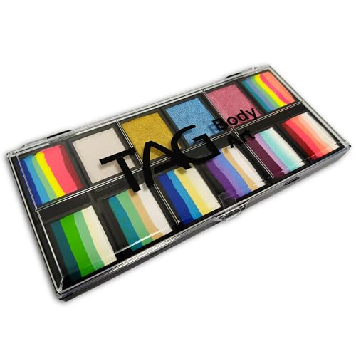 TAG Face Paint and Body Paint Professional Rainbow Fairy Garden Palette - 8 split cakes, 4 pearl cakes (10g Each) - 1 Stroke Raibow and Vibrant SFX Makeup for Halloween, Cosplay, Festivals & Events.