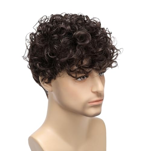 Mens Curly Wigs Dack Brown Short Wig,Synthetic Heat Resistant Costume Wig Mens Daily Cosplay Party Halloween - color: C-Brown