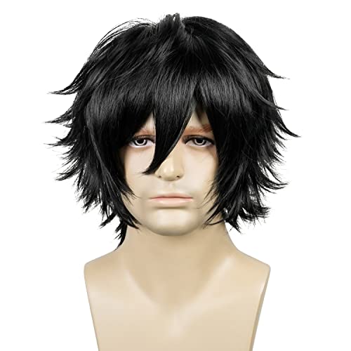 LABEAUTÉ Short Black Anime Cosplay Wig Male Men Anime Layered Unisex Heat Resistant Hair Wig with Bangs for Party and Halloween for Gift + Free Cap - color: Black
