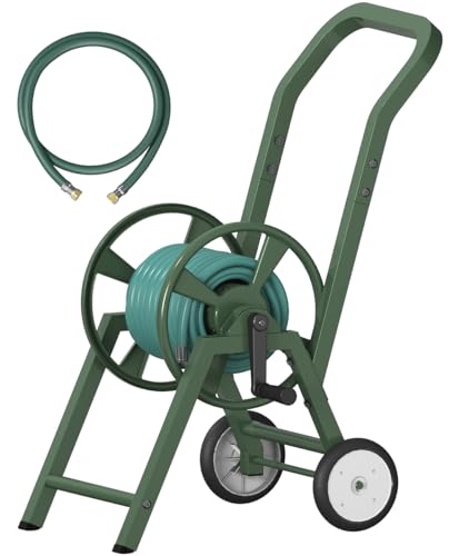Garden Hose Reel Cart with Wheels, Holds 165 ft of 5/8’’ Hose Outdoor Heavy Duty Powder-coated Steel Water Storage Holder Rack with 3.9 Ft Leader Hose for Outside Lawn Yard, Green