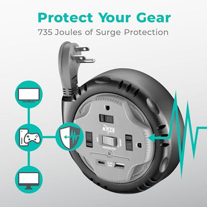 KMC 3-Outlet Surge Twist Cord Reel, USB-C & USB-A Ports, Retractable Power Strip Surge Protector, 735J Surge Protection, 5ft Retractable Extension Cord, 3-Prong Flat Plug, UL/ETL Certified, Gray