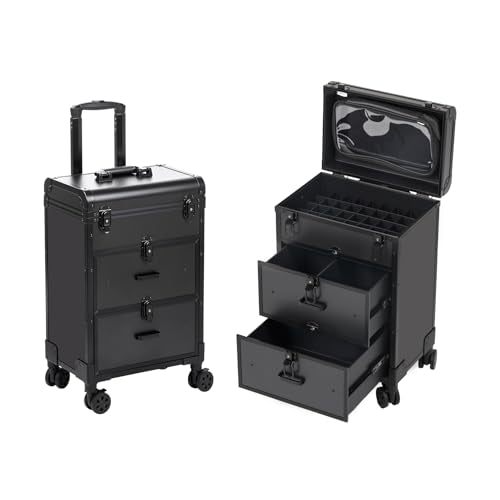 3 in 1 Rolling Makeup Case, Professional Cosmetology Case on Wheels with 2 Drawers, Ideal Gift for Hairstylist, Nail Techs, 3 Tiers Portable Beauty Organizer Case for Travel or Salon Use, Black - color: Black