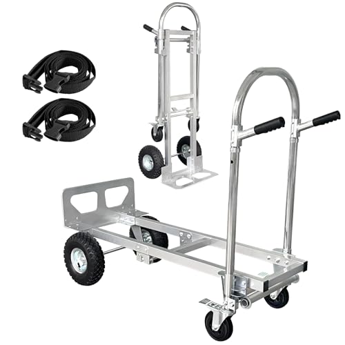 Suzhi Convertible Hand Truck Dolly Cart with Wheels Heavy Duty/with 4 Wheels&Brakes /1000Lbs Load, 2 Straps for Furniture/Appliance/Carton/Warehouse/Office /10 Minutes to Install as Video - color: Gray