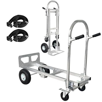 Suzhi Convertible Hand Truck Dolly Cart with Wheels Heavy Duty/with 4 Wheels&Brakes /1000Lbs Load, 2 Straps for Furniture/Appliance/Carton/Warehouse/Office /10 Minutes to Install as Video - color: Gray