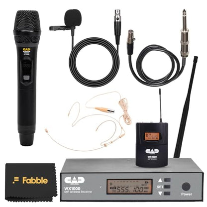 CAD Audio WX1000BP Wireless Bodypack Microphone System (510-570 MHz) Bundle with TX1000HH Handheld Microphone Transmitter, Lavalier Mic, Headset Mic, and 1/4" Guitar Cable for Stage & Vocals