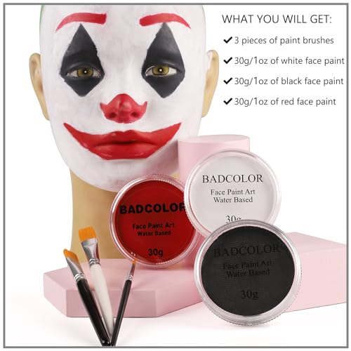 White Black Red Joker Clown Face Body Paint with Brushes for Halloween Makeup, Water Based Face Painting Kit Non Toxic for Kids & Adults, Facepaint Set for Skull Witch Goth Vampire SFX Cosplay Make Up - color: Black+White+Red+3Pcs Brushes