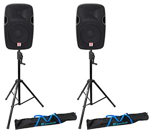 Rockville SPGN128 12" Passive 1200W DJ PA Speaker Pair with RVCS2 Stands | 1200W Peak / 300W RMS Each, 8 Ohm, Speakon Connections, Crank-Up Tripod Stands, 2 Carry Bags, Live Sound, 4-Items