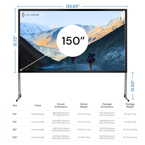 AWOL Valerion 150" Outdoor Projector Screen with Stand – 3-Min Setup, Wheeled Carry Bag, 4K/8K UHD Support, Freestanding, Portable Alloy Frame, 16:9 HD, Lightweight for Camping, Backyard, Home Theater - size: 150 inches