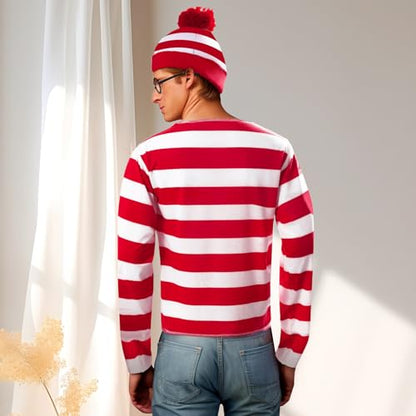 Red White Striped Shirt Costume for Men Halloween Hat Glasses Adult | Halloween Knit Beanie Hat Black Glasses Accessories Adult Carnival Anime Outfit Men - size: Medium
