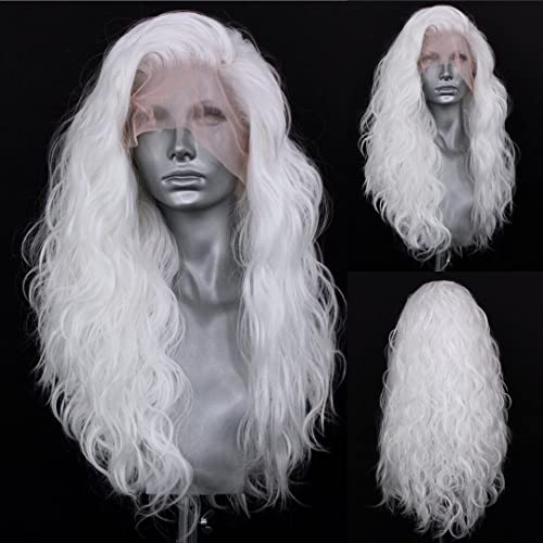 RONGDUOYI RDY 24" White Lace Front Synthetic Wig Loose Water Wave Heat Fiber Hair Natural Looking Long Wavy Lace Front Wigs for Women Half Hand Tied Wig Cosplay Daily Use Hair - color: White
