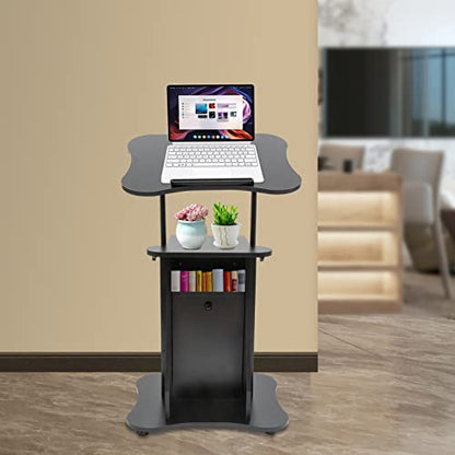Mobile Laptop Podium,Height Adjustable Sit to Stand Desk with Tilting Desktop & Storage Cabinet,Modern Rolling Lectern Cart Laptop Desk,Podium Stand With Wheels for Office Classroom(with Sliding Door) - size: with Sliding Door