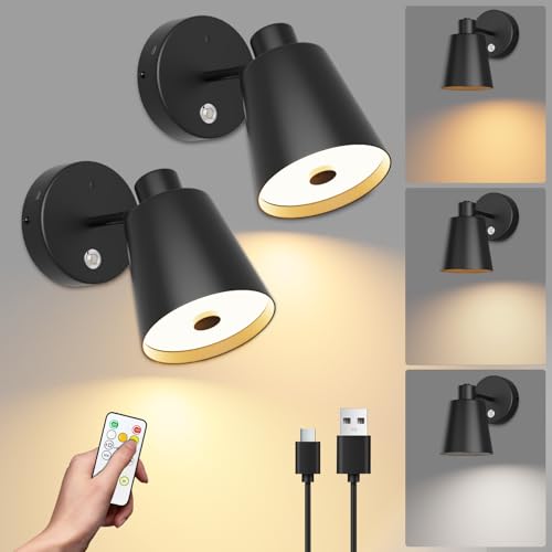 Tipace Black Vintage Battery Operated Wall Sconces, Industrial Cordless Battery Powered Led Wall Lights Set of 2, Wall Lamp Fixture Indoor with Remote Control for Bedroom Farmhouse Gallery