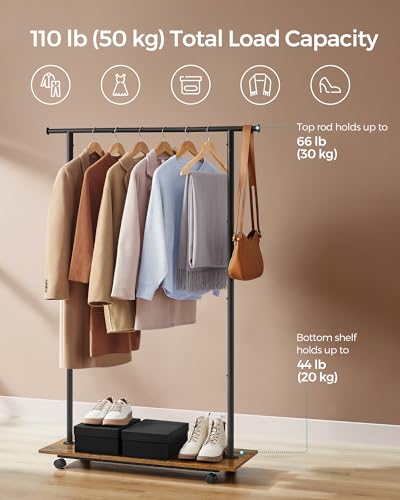 SONGMICS Clothes Rack with Wheels, Metal Garment Rack with Shelf | Clothing Rack for Hanging Clothes, 38.8 Inches, Loads up to 110 lb, Rustic Brown and Black, COLTEN Collection UHSR151B01 - color: Black, style: Single Rod