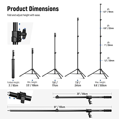 NEEWER Air Cushioned Aluminum Light Stand, 9.8ft/3m Adjustable Photography Stand with Boom Arm, Counterweight, Sandbag, 1/4" Screw for Softbox, Studio Flash, Umbrella, Ring Light, Max Load 5kg - size: 300cm w/Boom Arm