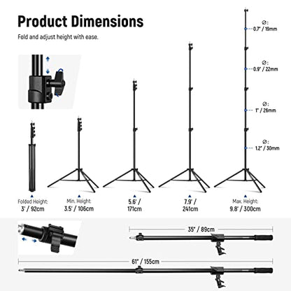 NEEWER Air Cushioned Aluminum Light Stand, 9.8ft/3m Adjustable Photography Stand with Boom Arm, Counterweight, Sandbag, 1/4" Screw for Softbox, Studio Flash, Umbrella, Ring Light, Max Load 5kg - size: 300cm w/Boom Arm