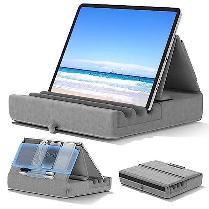 KDD Tablet Pillow Holder, Foldable iPad Stand for Lap, Bed and Desk -Tablet Soft Pad Dock with Pocket & Stylus Mount Compatible with iPad Pro 12.9, 10.5, 9.7 Air Mini 6 5 4 3, Galaxy Tab, E-Reader - color: Grey