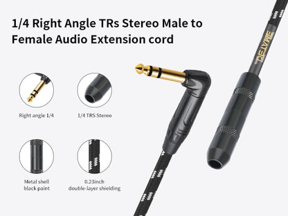 10Feet Right Angle 1/4 TRS Male to Female Stereo Audio Cable,6.35MM TRS Male to Female Stereo Headphone Guitar Extension Cable Cord - size: 10Feet
